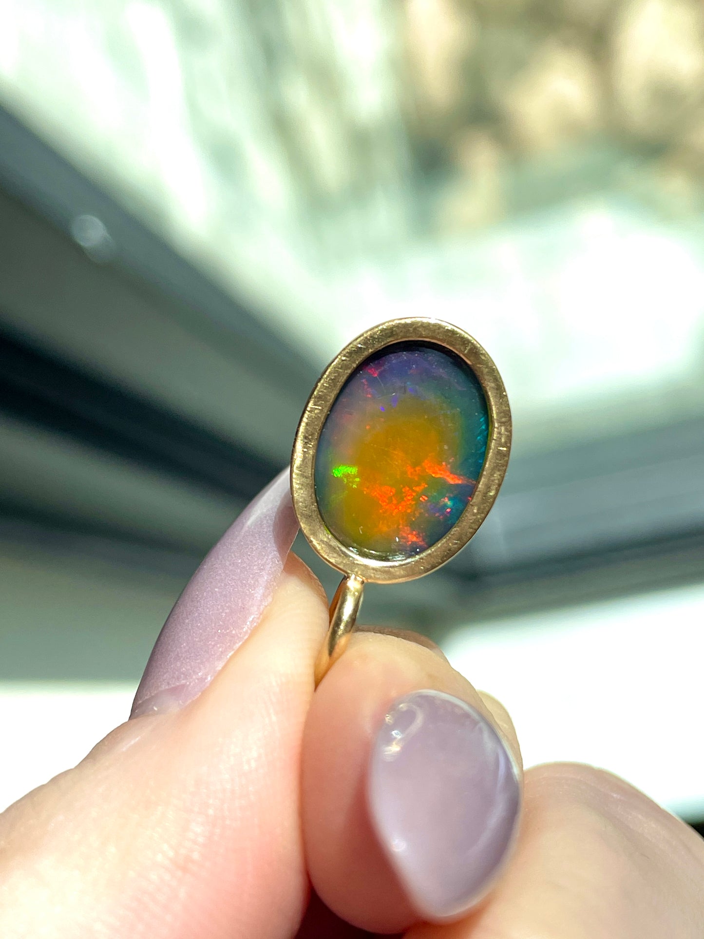 [PRIVATE] Vintage yellow 14K bezel set natural black opal pendant