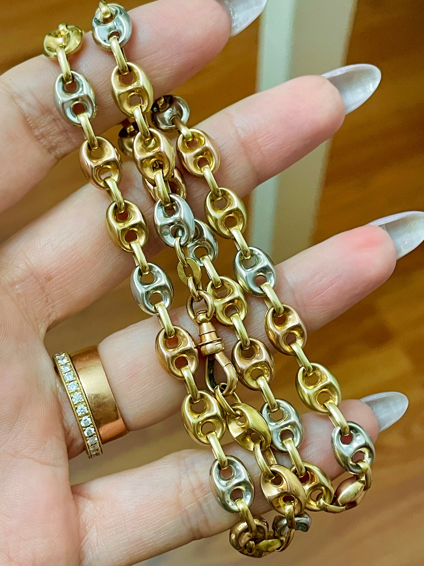 Vintage 14K gold tritone puffy mariner link chain with dog clip, 18.75 inch