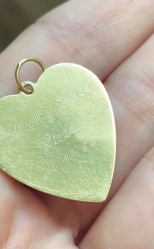 [PRIVATE] Vintage yellow 14K approx .13ctw diamond cherub engine turned heart pendant
