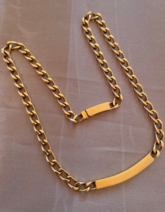 Vintage yellow 14K ID bar center curb chain, 16 inch