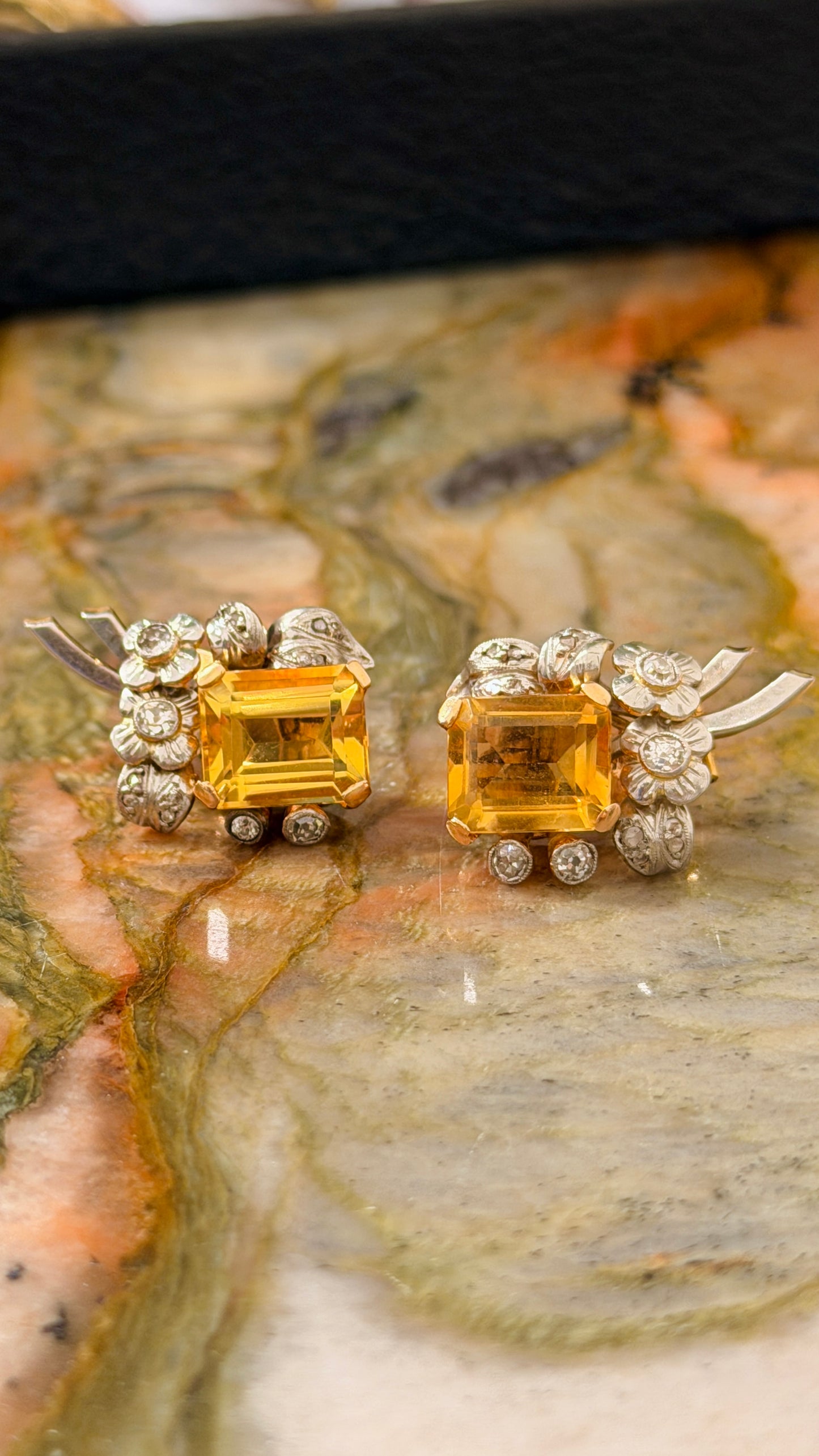 Antique Platinum and yellow 18K approx 10 ctw citrine and 1.2 ctw old mine cut diamond and rose cut diamond omega back earrings