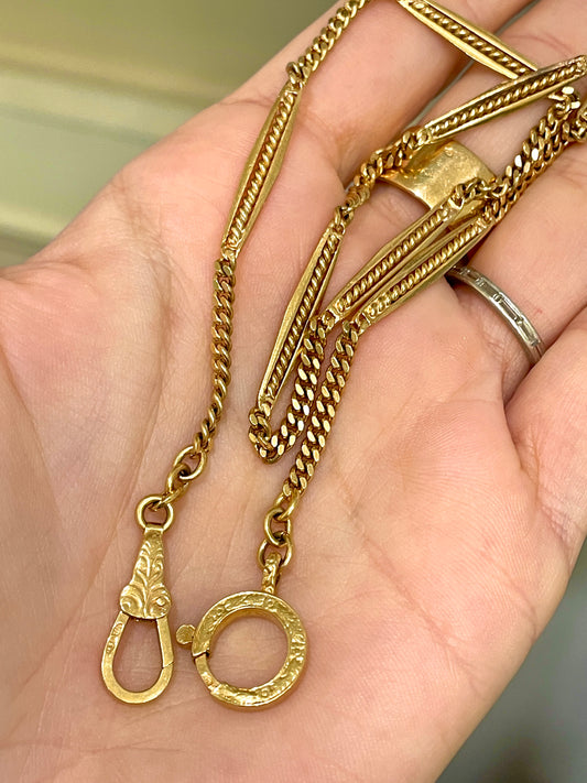 [PRIVATE] Antique yellow 18K gold curb and station link watch chain, 17.25 inch