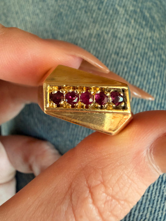 Vintage yellow 14K approx .28ctw ruby diagonal signet style ring, size 8.5