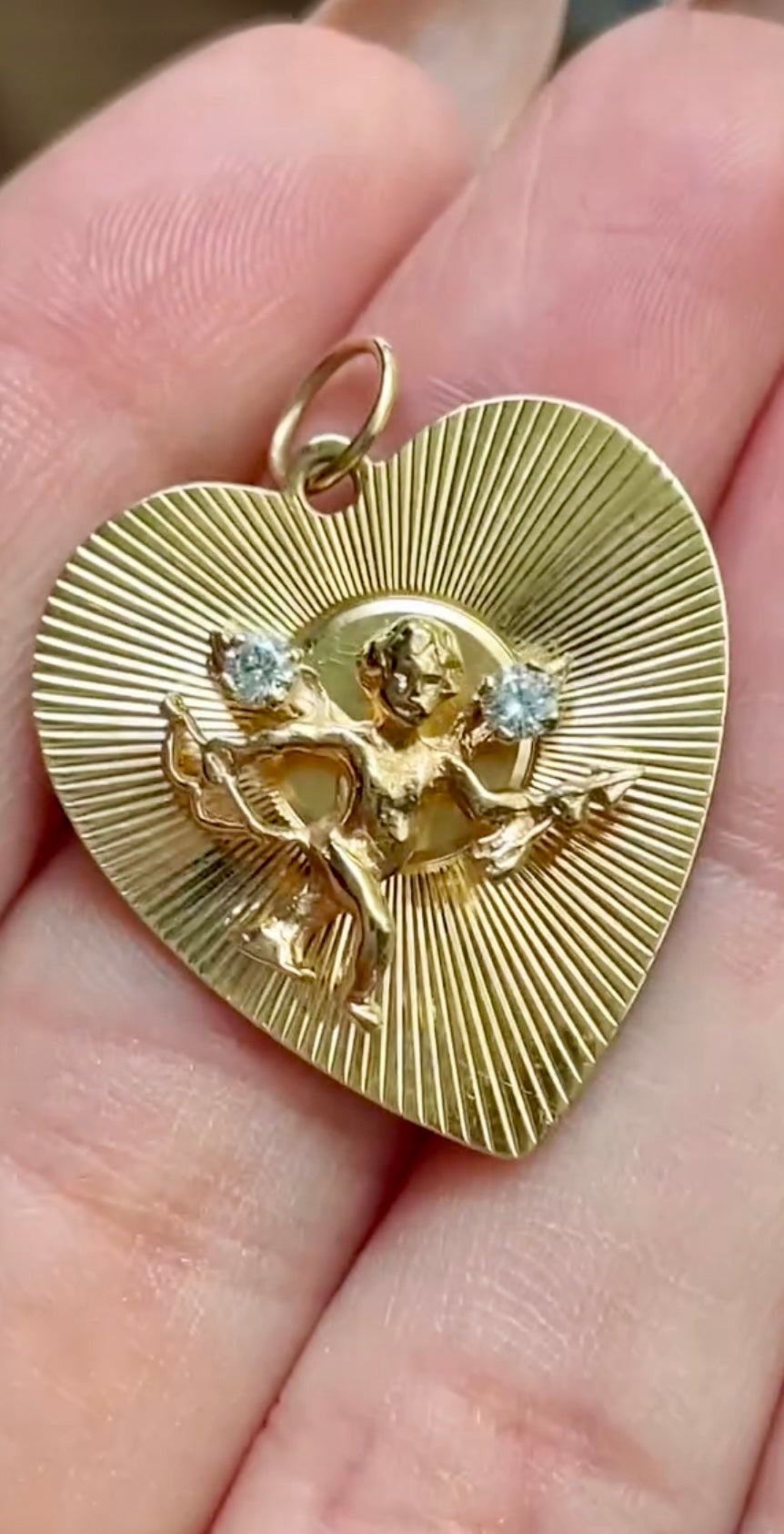 [PRIVATE] Vintage yellow 14K approx .13ctw diamond cherub engine turned heart pendant