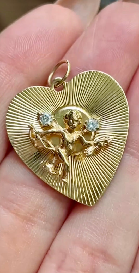 [PRIVATE] Vintage yellow 14K approx .13ctw diamond cherub engine turned heart pendant