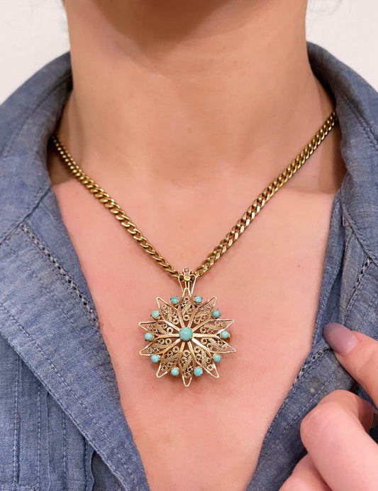 Vintage rosy yellow 18K turquoise sunburst convertible pendant