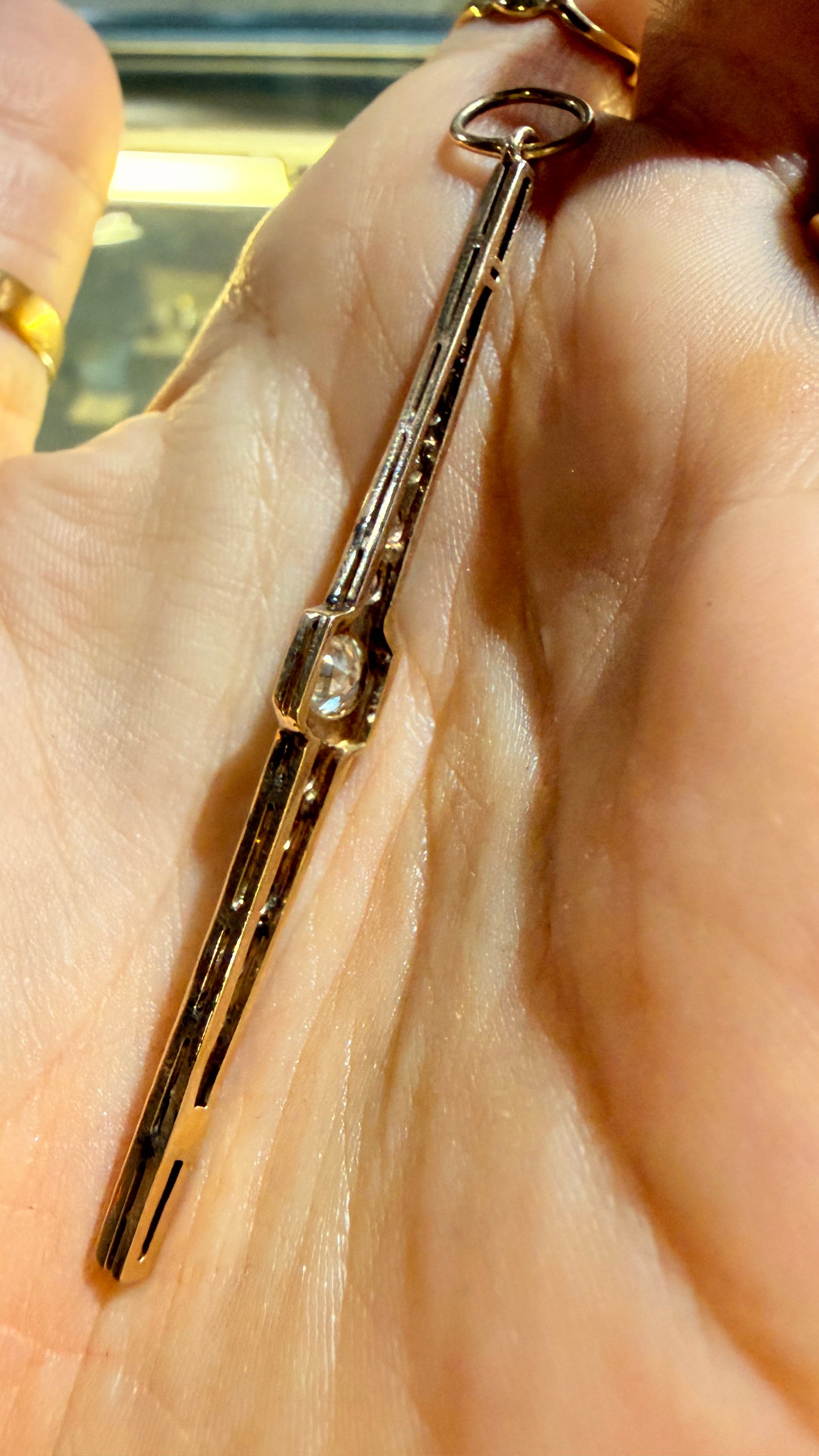 Antique 14K 1.83 ctw old European cut diamond bar pendant