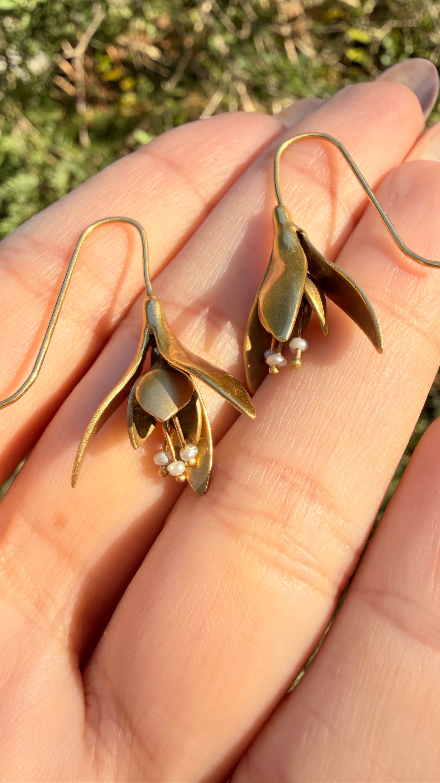 Yellow 18K floral drop earrings with dangling seed pearls