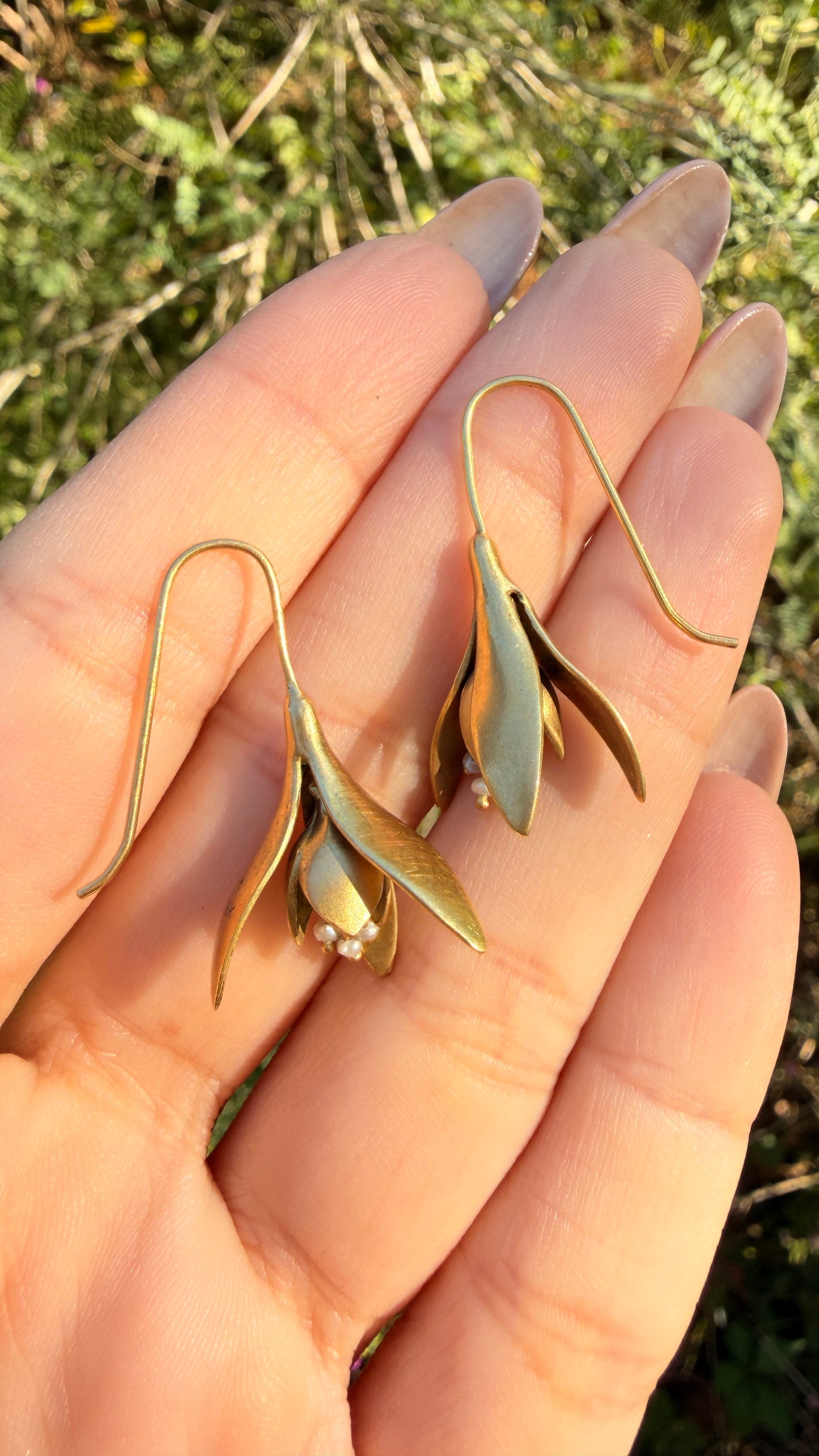 Yellow 18K floral drop earrings with dangling seed pearls