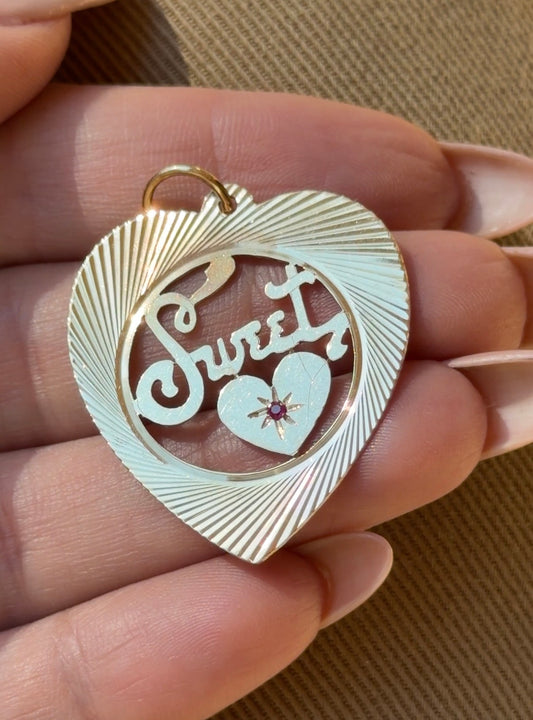Vintage yellow 14K engine turned Sweet Heart pendant with ruby