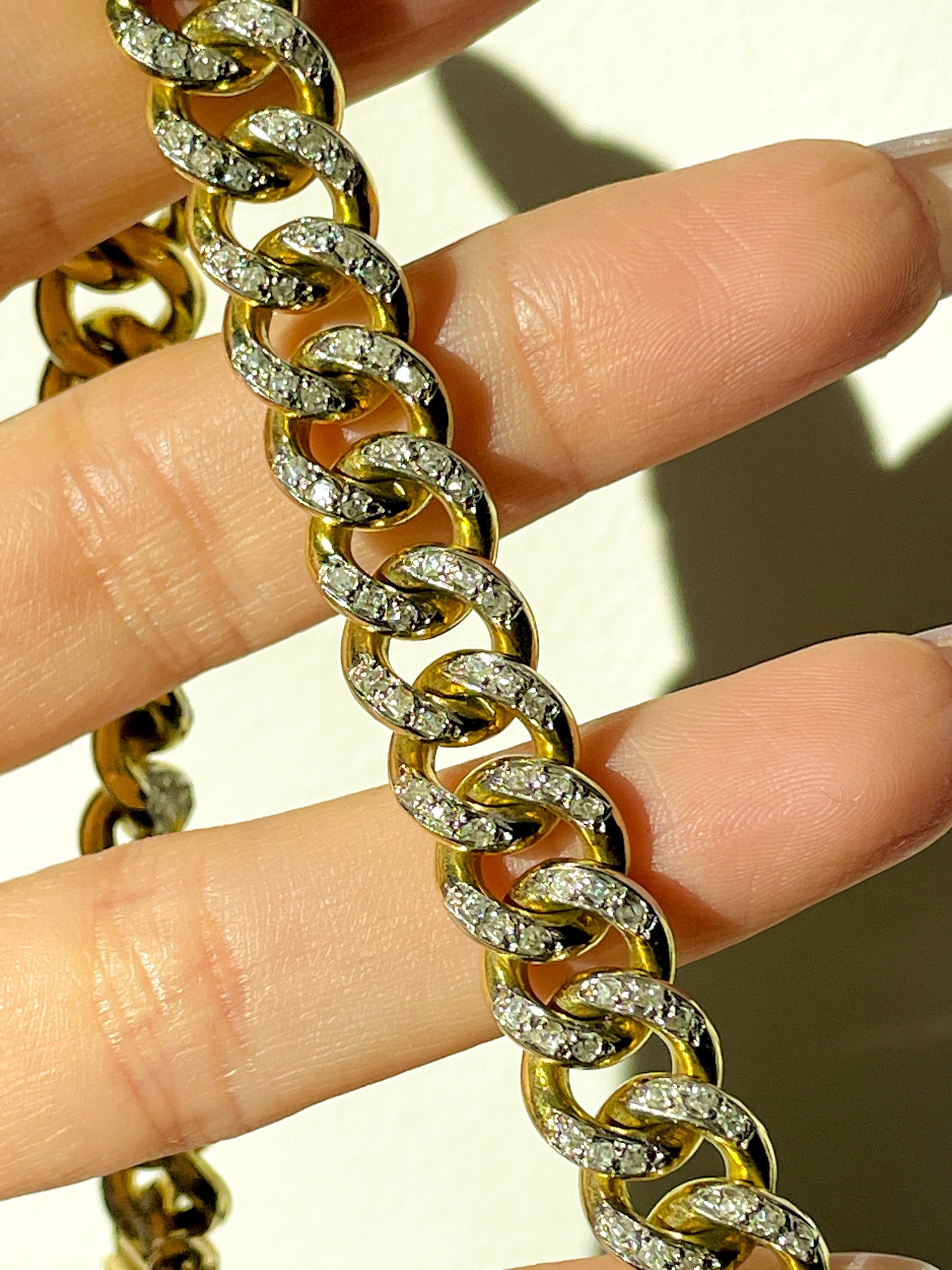 Vintage yellow solid 18K gold round approx 4 ctw old cut diamond curb bracelet with double side safety clasp, 8.5 inch