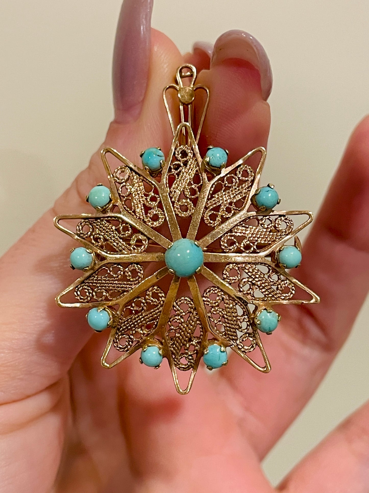 Vintage rosy yellow 18K turquoise sunburst convertible pendant