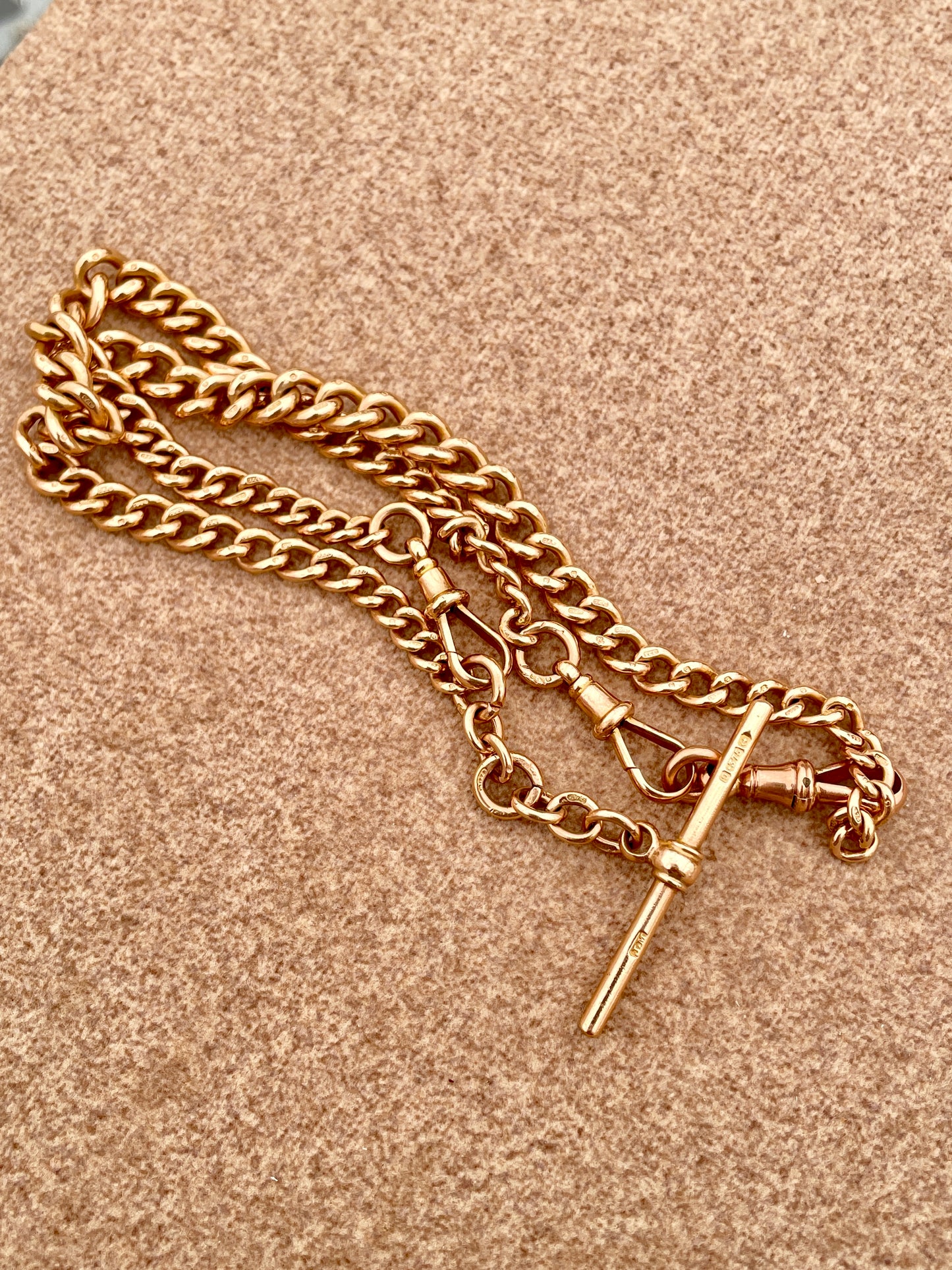 [PRIVATE] Antique yellow 9K watch chain with 3 dog clips and T bar, 17 inch