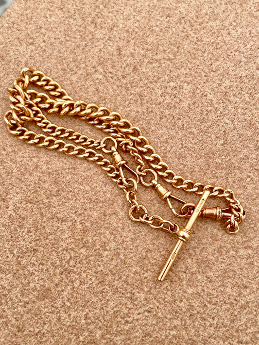 [PRIVATE] Antique yellow 9K watch chain with 3 dog clips and T bar, 17 inch