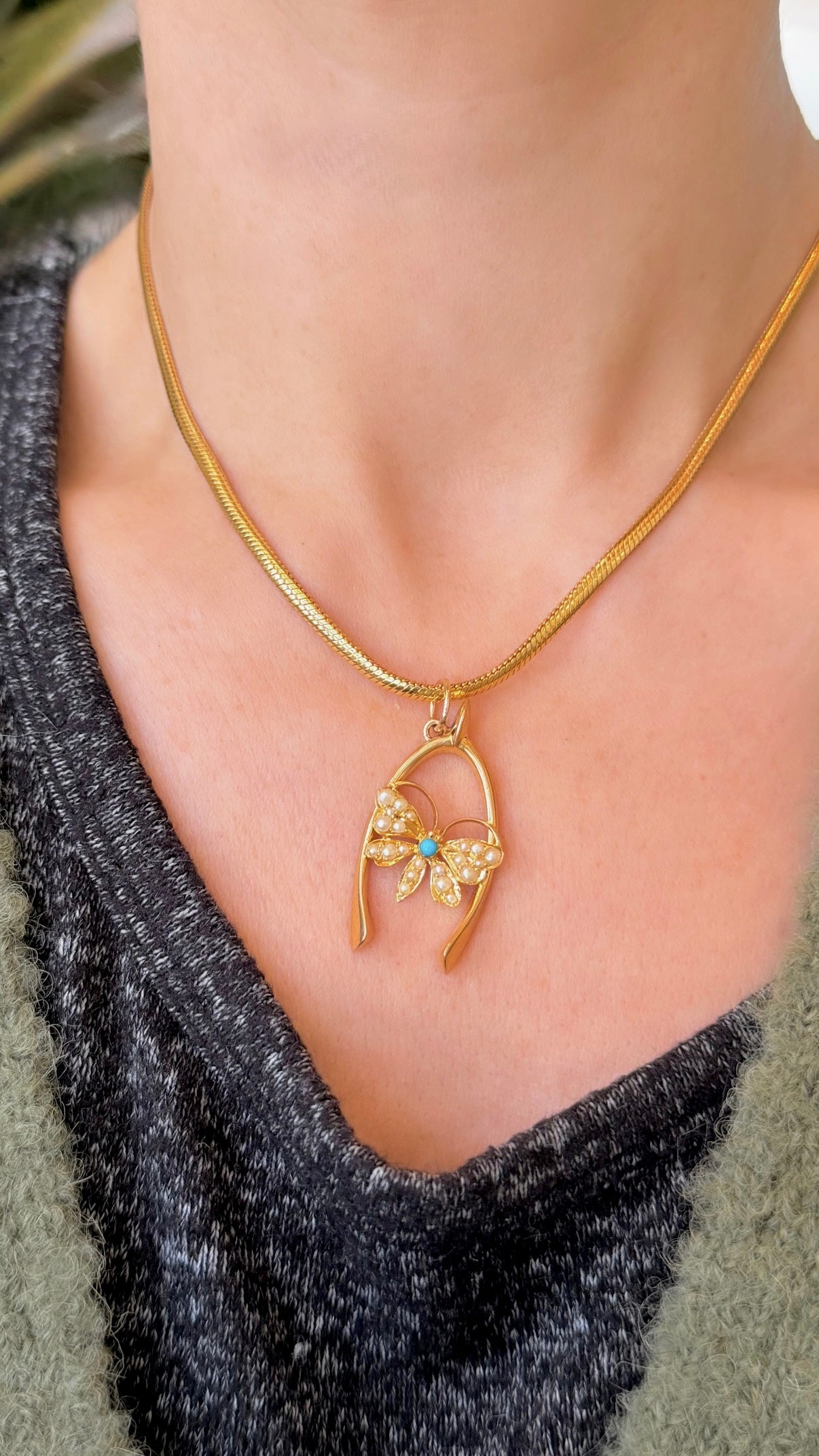 Antique yellow 15K gold wishbone with pearl and turquoise butterfly pendant