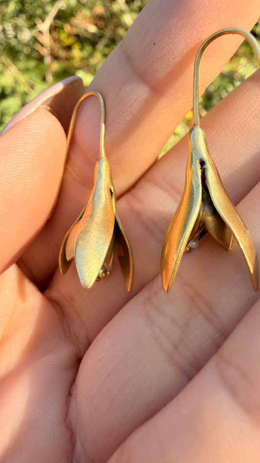Yellow 18K floral drop earrings with dangling seed pearls