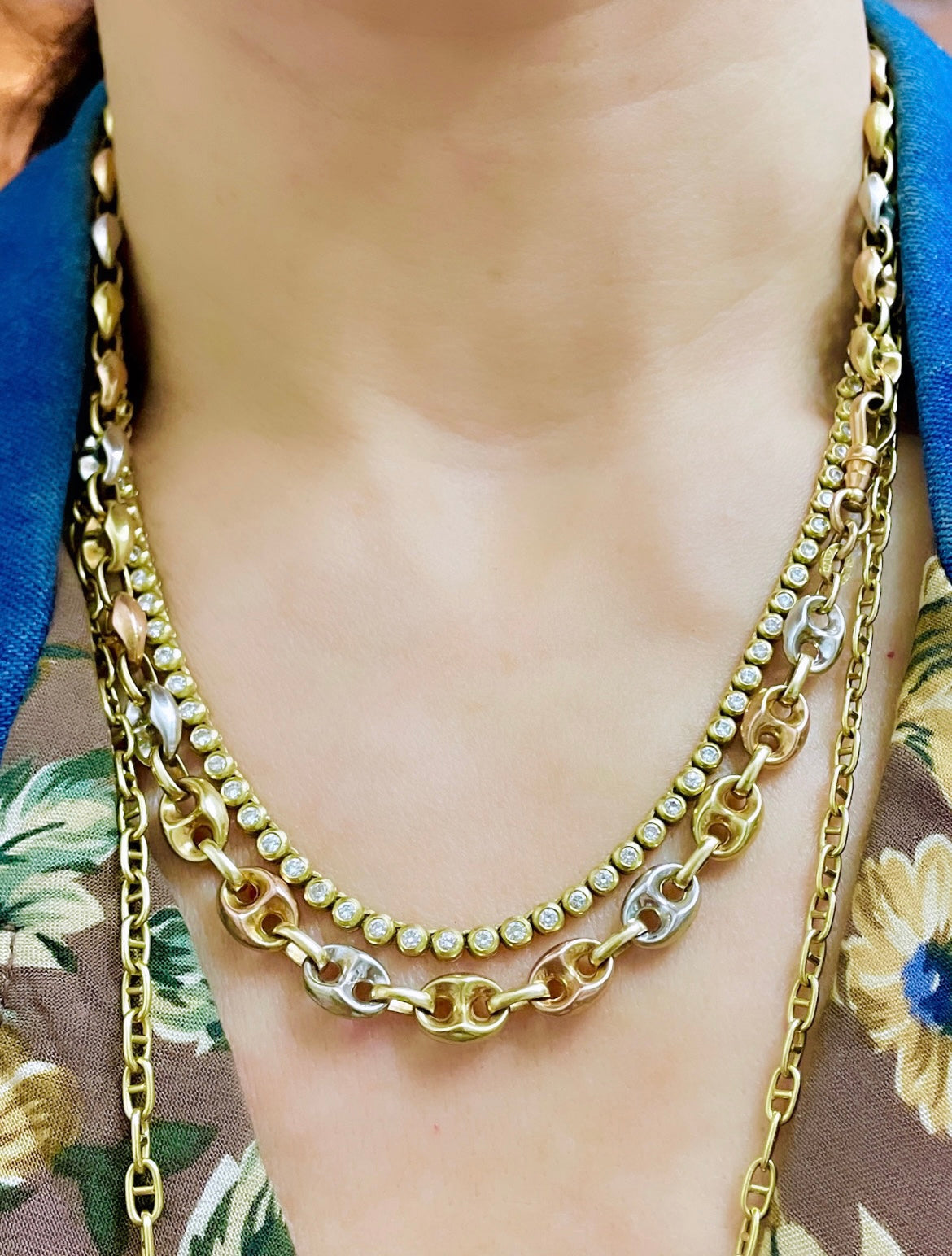 Vintage 14K gold tritone puffy mariner link chain with dog clip, 18.75 inch