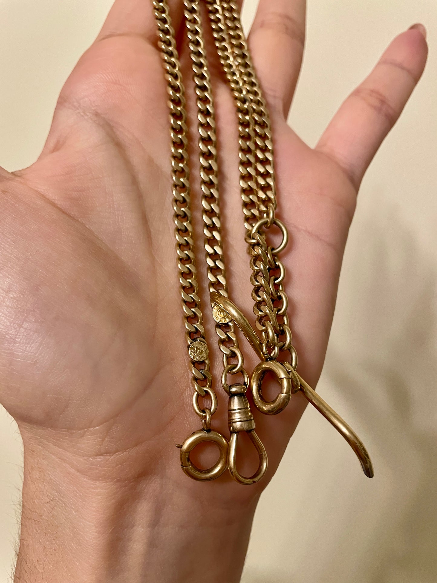 [PRIVATE] Antique pale yellow solid 14K curb link watch chain with stationary T bar and bolt dangle, 22.25 inch, 48.2 grams, curb 4.5 mm wide