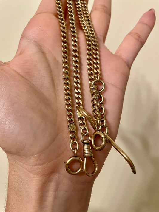 [PRIVATE] Antique pale yellow solid 14K curb link watch chain with stationary T bar and bolt dangle, 22.25 inch, 48.2 grams, curb 4.5 mm wide