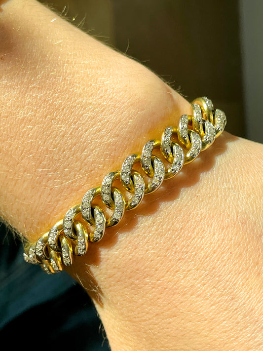 Vintage yellow solid 18K gold round approx 4 ctw old cut diamond curb bracelet with double side safety clasp, 8.5 inch