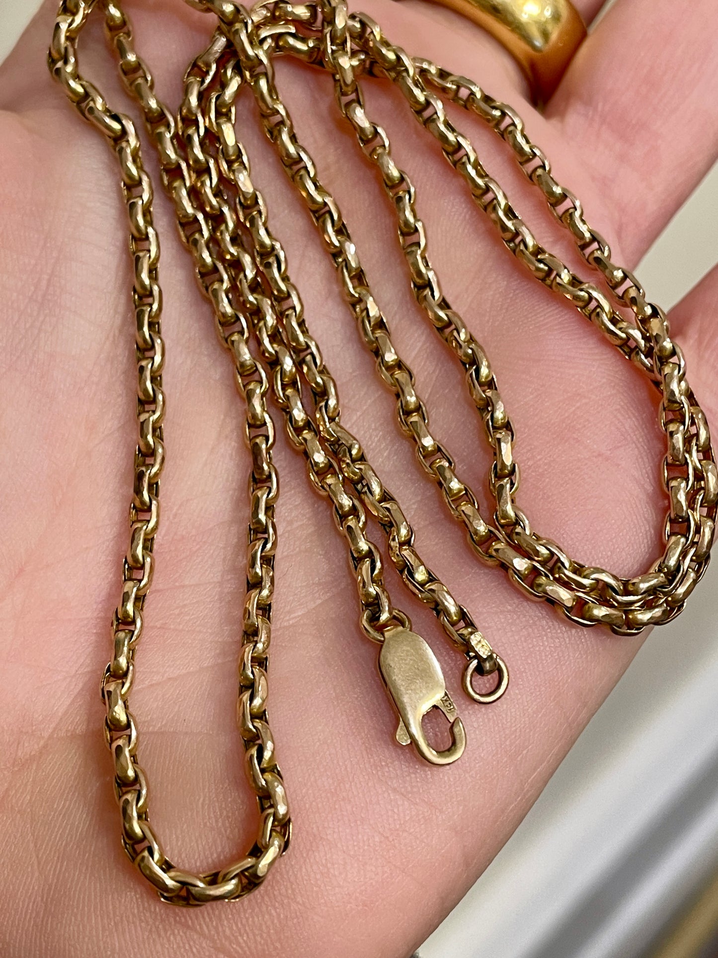 Antique rosy yellow 10K gold belcher link chain with 14K gold lobster clasp, 26.5 inch
