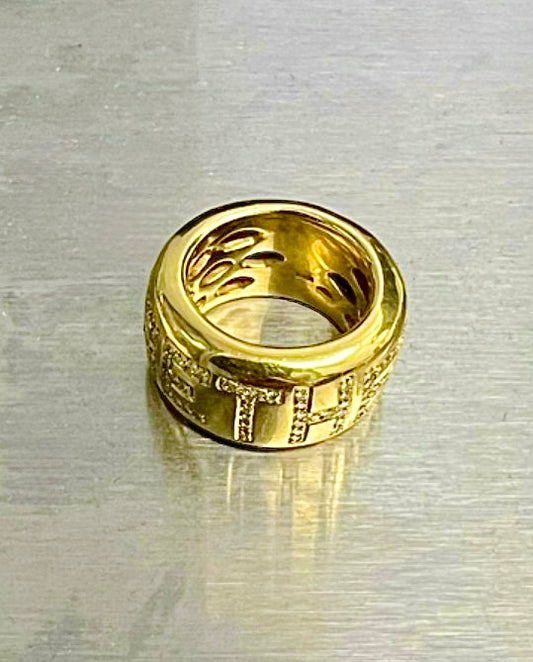 Vintage yellow 18K and approx .5ctw diamond wide Together letter band, size 6