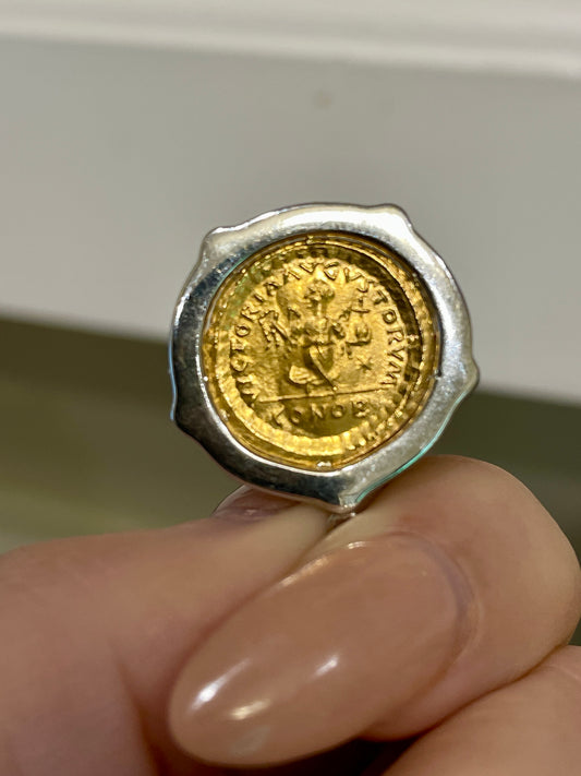[PRIVATE] Ancient 24K Byzantine coin set in .6 ctw diamond 14K white gold bezel pendant