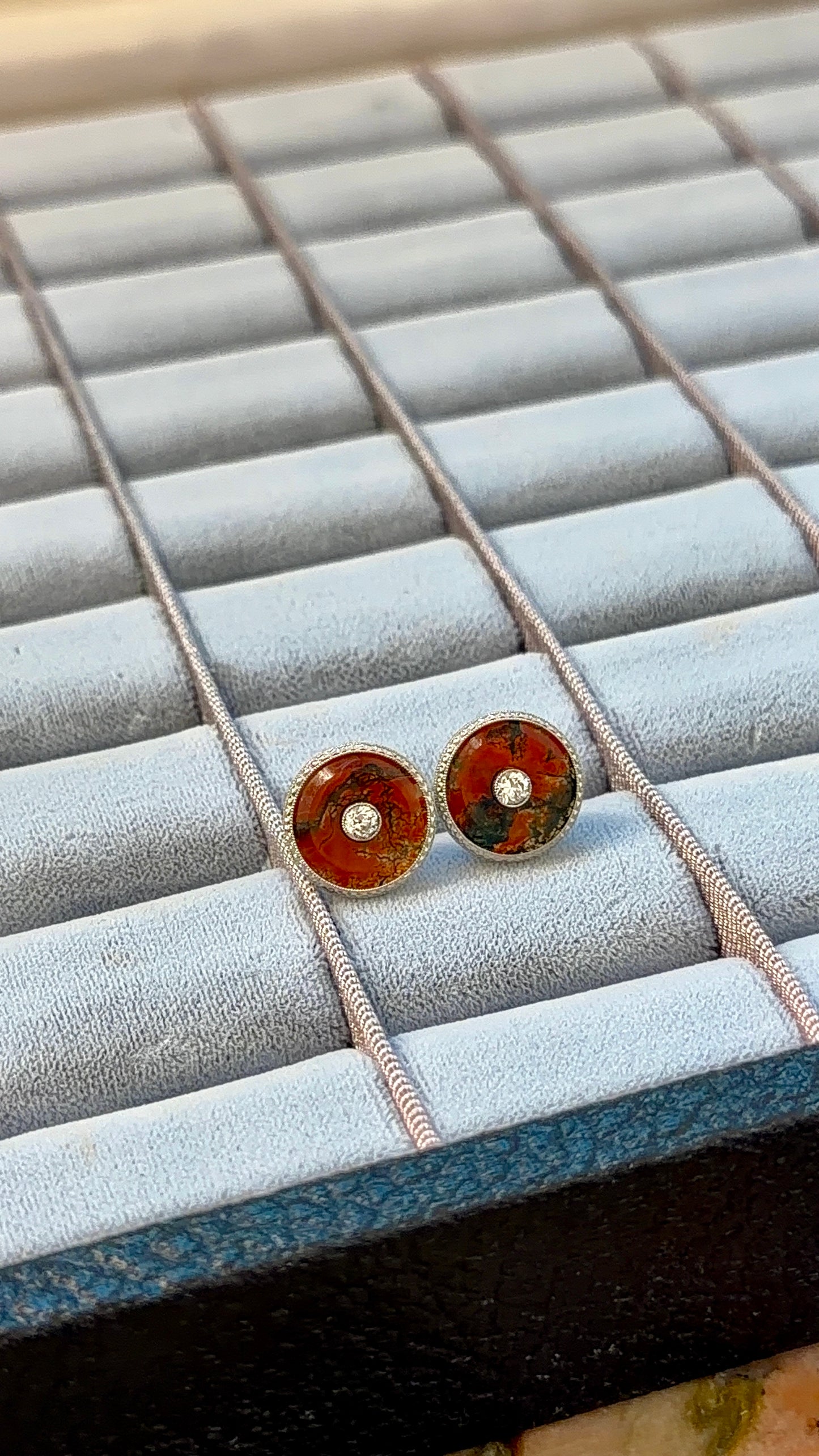 Antique Platinum and yellow 18K agate and .22ctw old European cut diamond post earrings