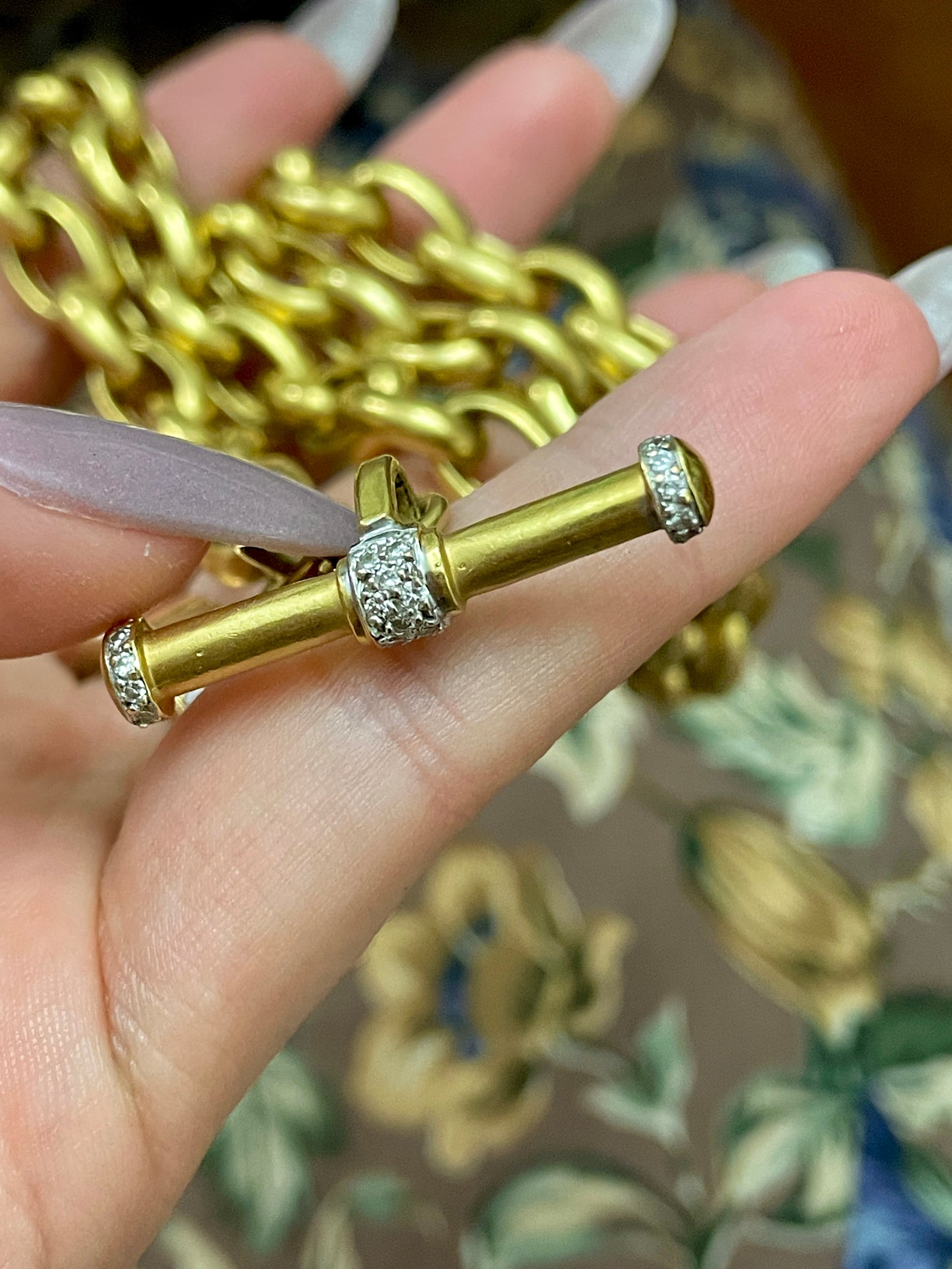 Vintage yellow 18K gold oval link and diamond toggle clasp chain, 18 and 1/8 inch