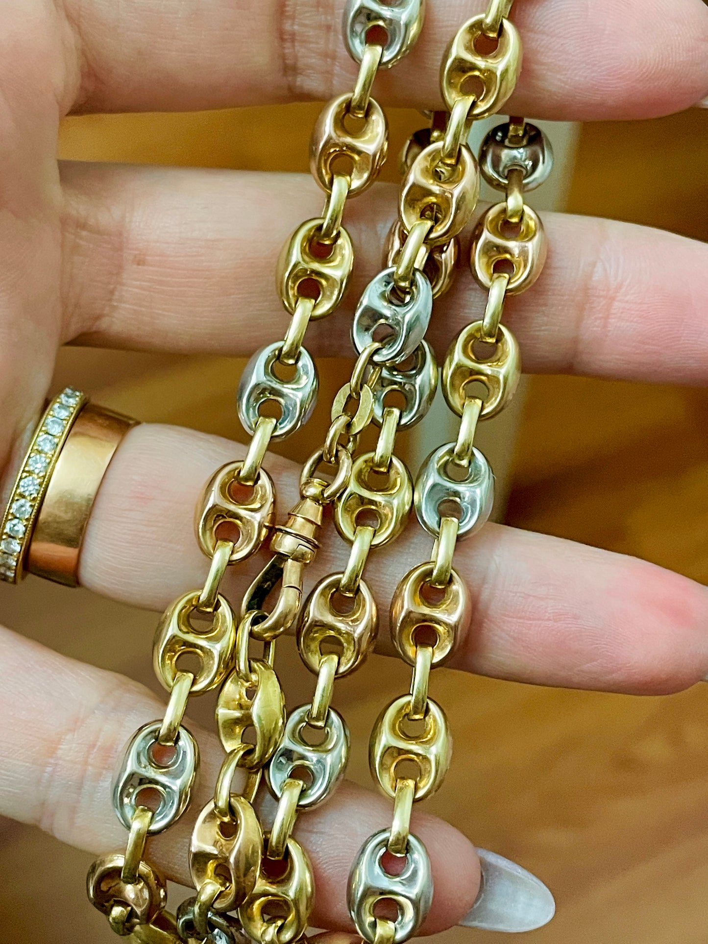 Vintage 14K gold tritone puffy mariner link chain with dog clip, 18.75 inch