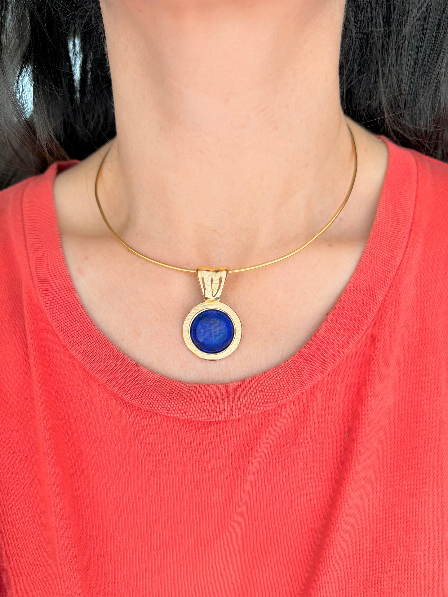Vintage yellow 14k gold handmade lapis medallion statement pendant