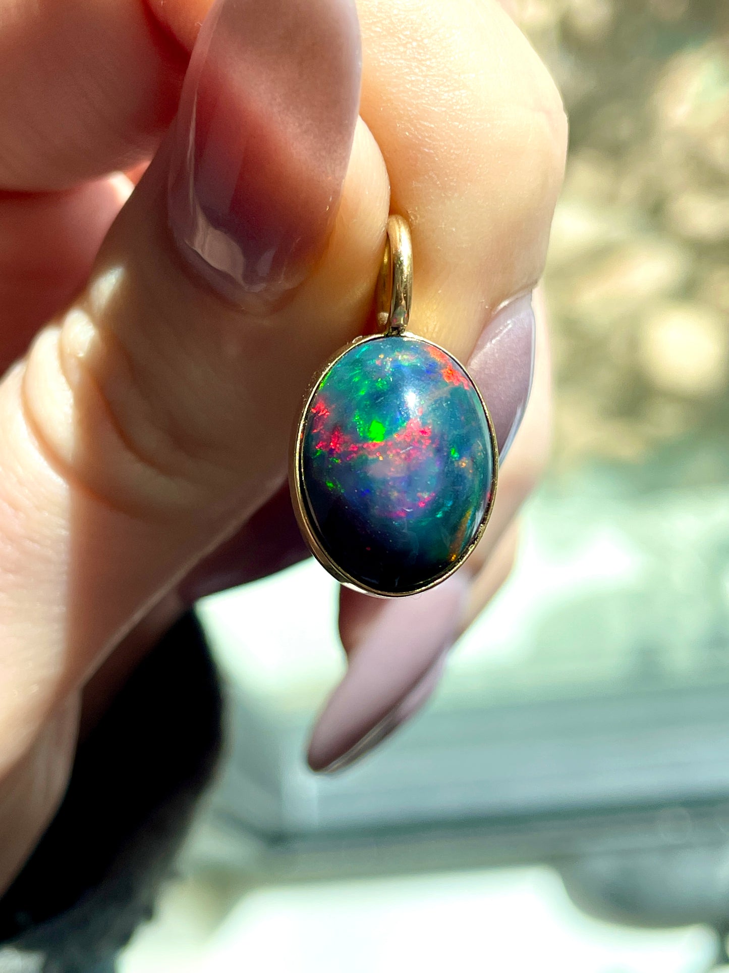 [PRIVATE] Vintage yellow 14K bezel set natural black opal pendant