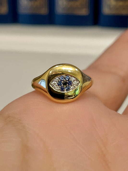 Estate yellow 18K David Yurman sapphire and diamond evil eye signet, size 1.5