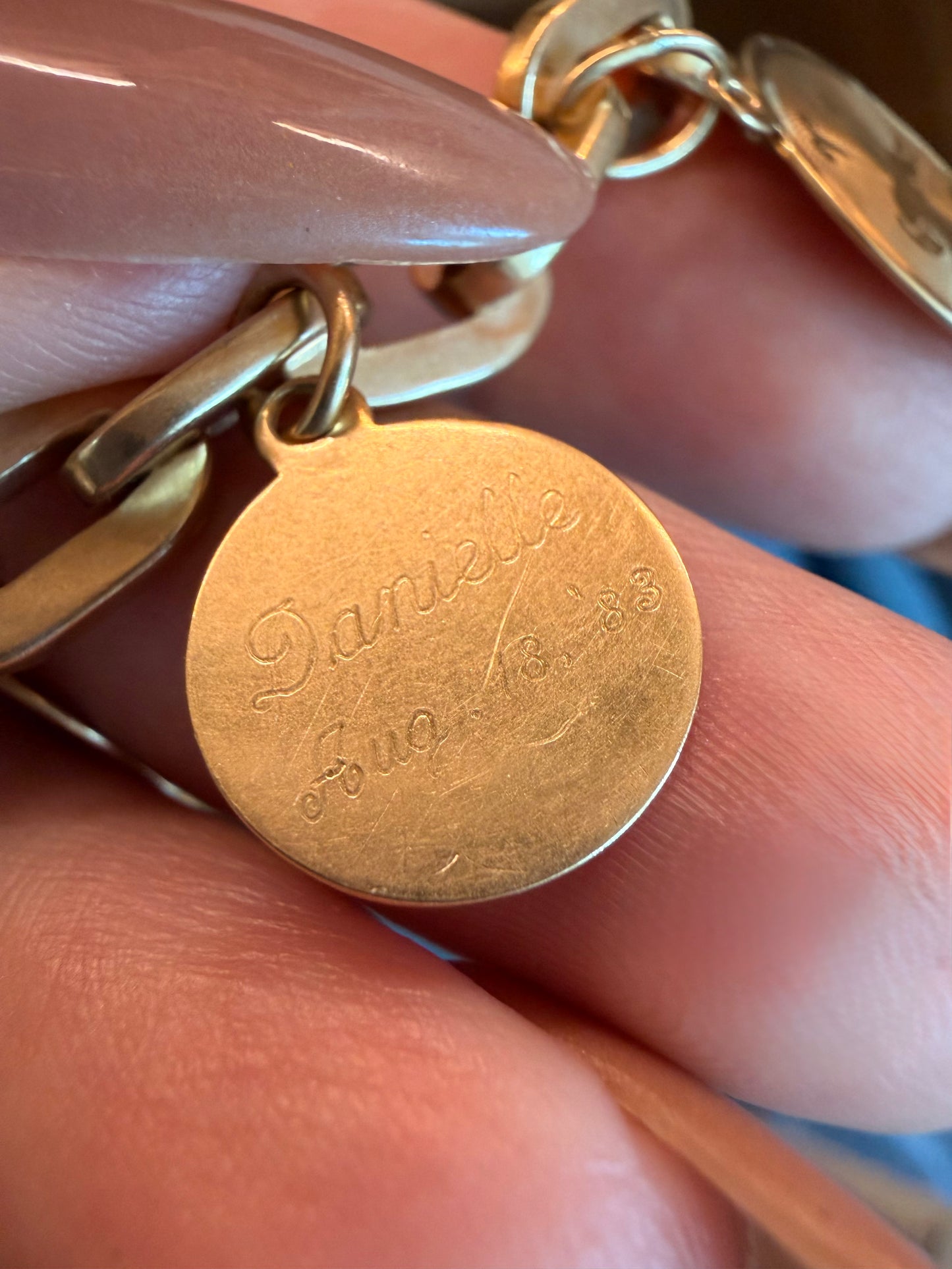 Vintage yellow 14K solid oval link bracelet with zodiac discs charm bracelet, 8 inch