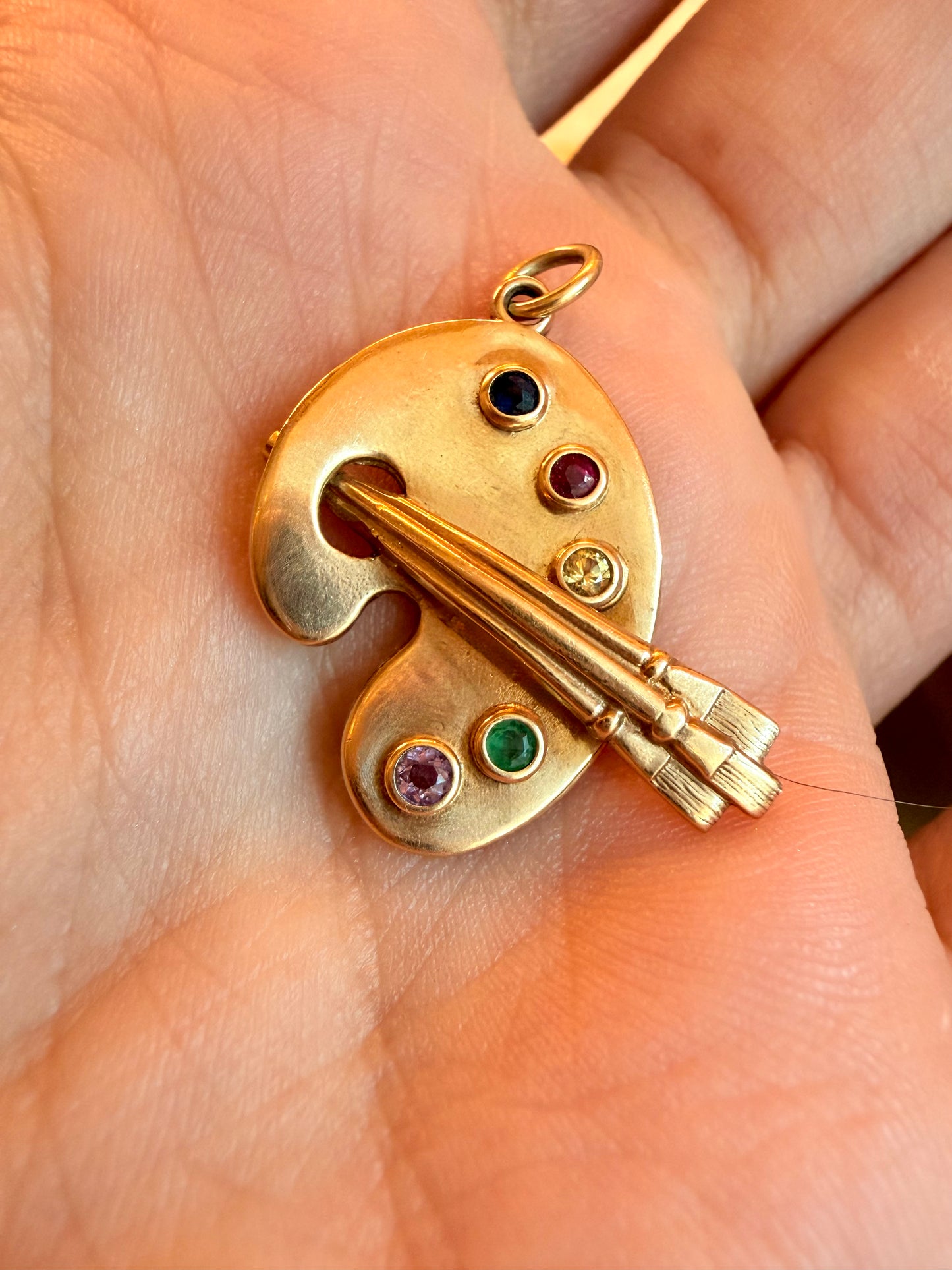 Vintage yellow 14K gold and gemstone paint palette pendant