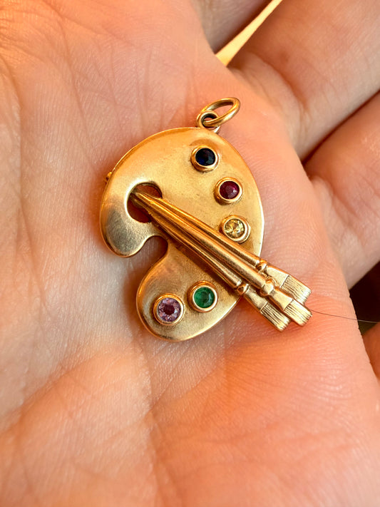 Vintage yellow 14K gold and gemstone paint palette pendant