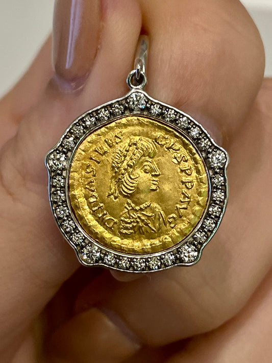[PRIVATE] Ancient 24K Byzantine coin set in .6 ctw diamond 14K white gold bezel pendant