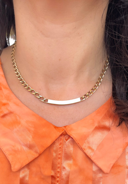 Vintage yellow 14K ID bar center curb chain, 16 inch