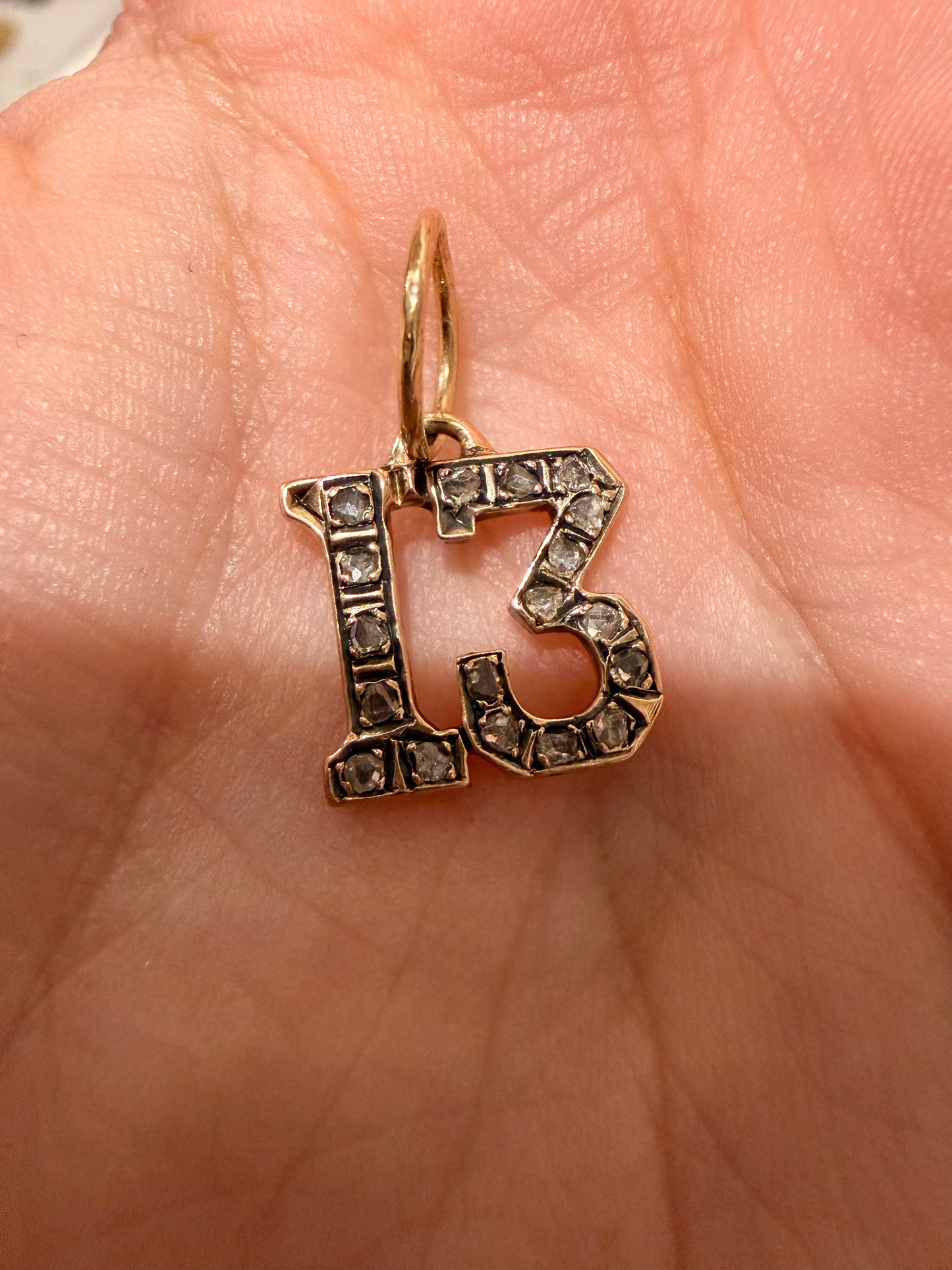 Vintage 14k rose cut diamond “13” charm