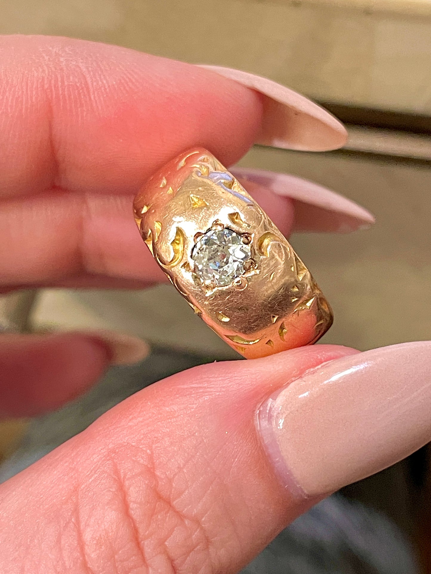 Antique rosy yellow 14K .54ctw old mine cut diamond ring with beautifully worn engraving, size 9.5