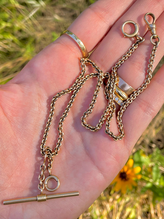 [PRIVATE] Antique rosy yellow 14K round cable link watch chain, 16 inch