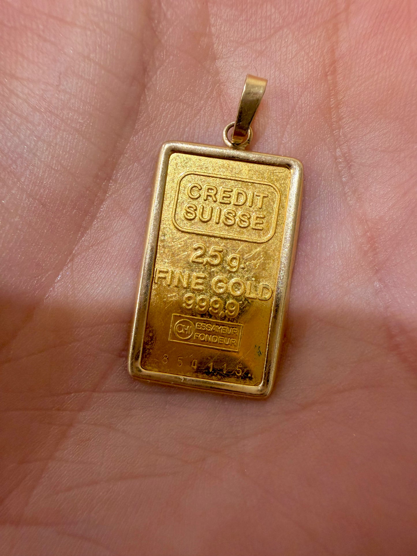 Vintage 2.5 gram pure gold bar in 14K gold frame pendant