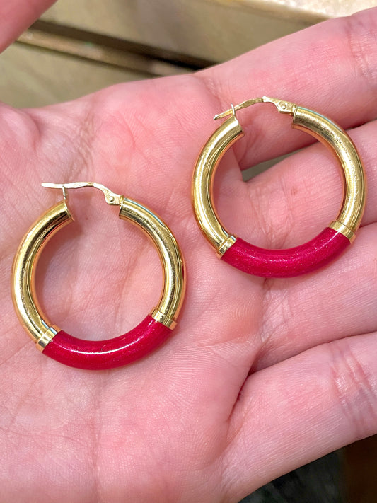 Vintage 18K red enamel hoop earrings