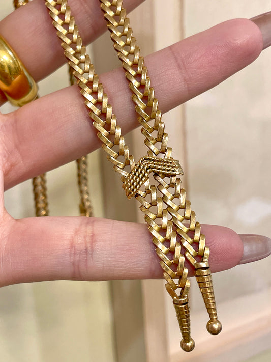 Vintage rosy yellow 18K gold woven lariat chain, 17 inch