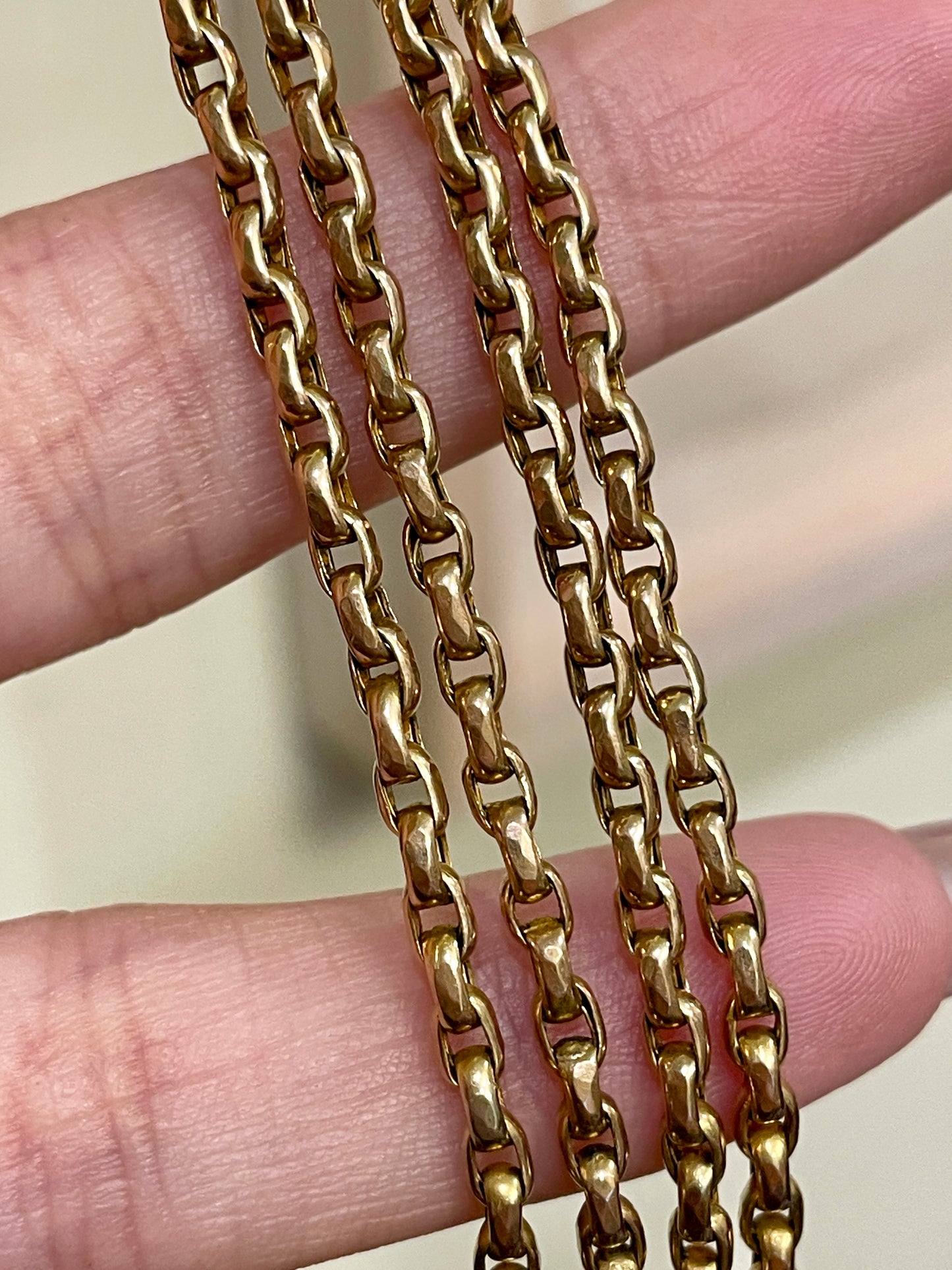 Antique rosy yellow 10K gold belcher link chain with 14K gold lobster clasp, 26.5 inch