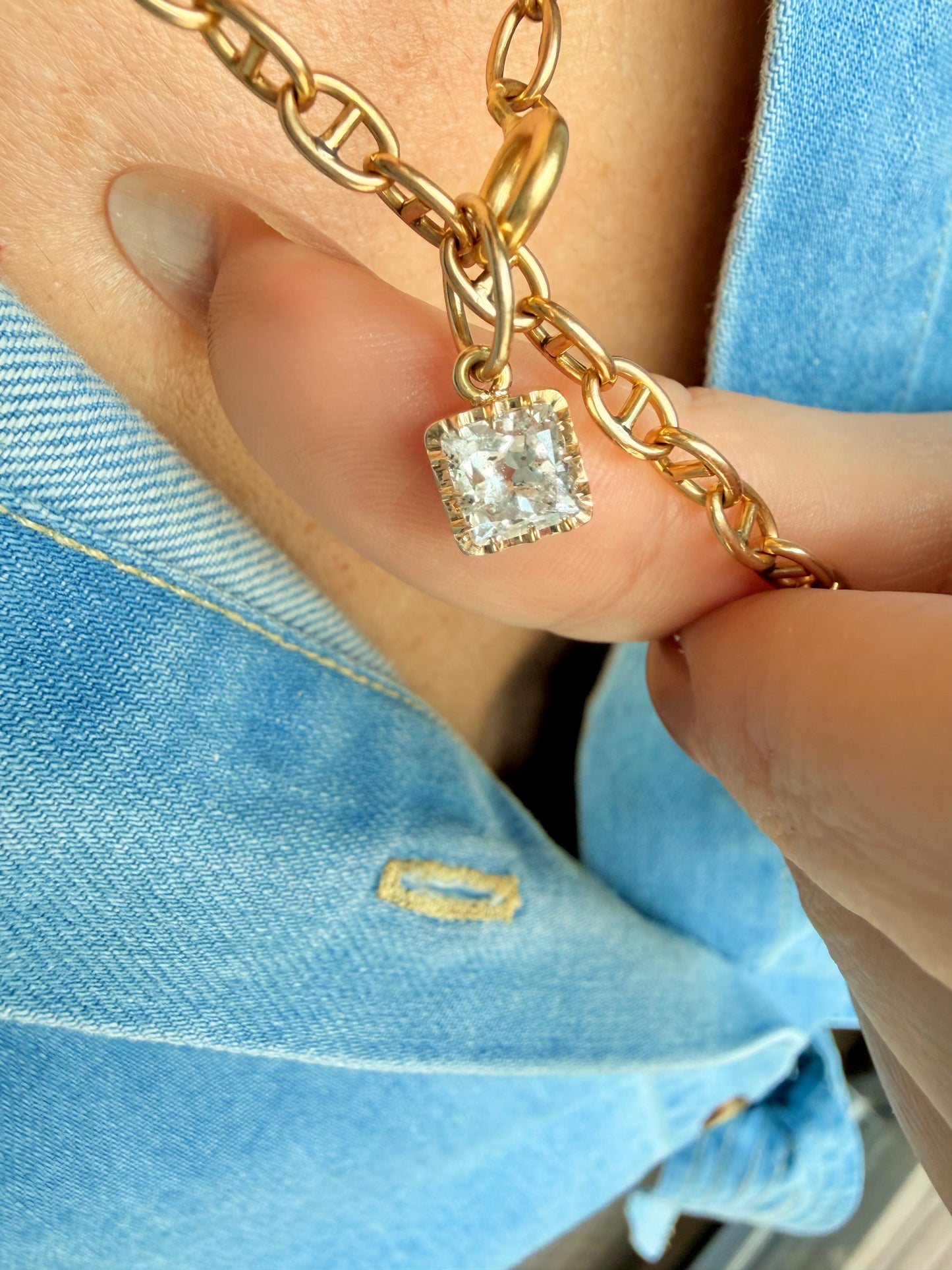 Vintage yellow 18K gold 1.31ctw antique square old cut diamond solitaire charm