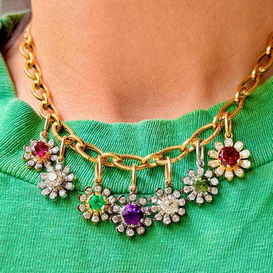 custom-made fine jewelry 3GOG garden party gemstone and diamond flower pendants