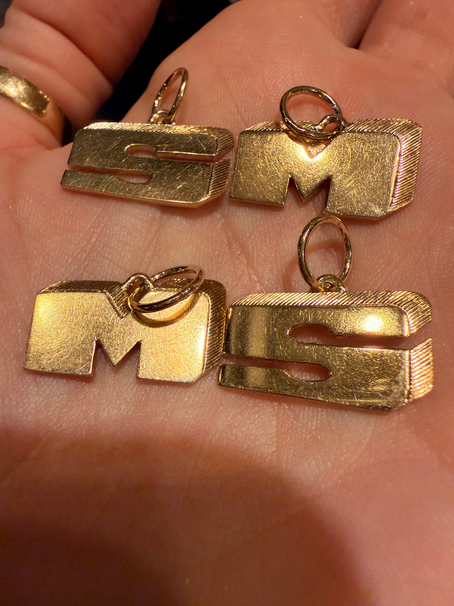 Vintage yellow 14k letter S and M block charms