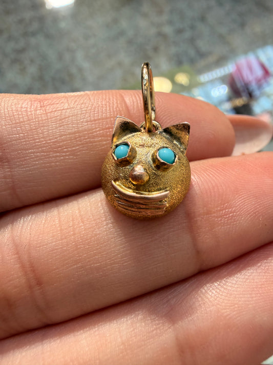 Yellow 14k gold and turquoise cat head charm