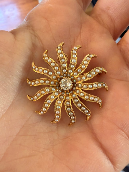 Antique yellow 14K pearl and approx .3 ctw old mine cut diamond sunburst pendant pin